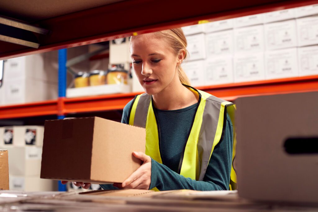Worker picking a box off of a shelf in a warehouse