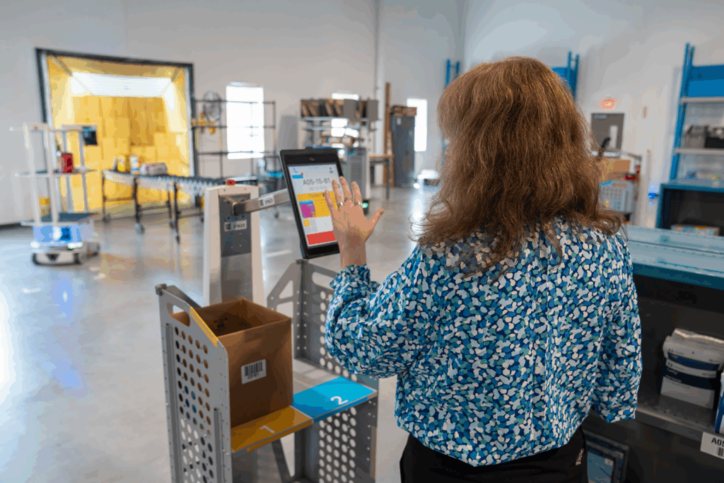 Woman interacting with Locus Origin to make a pick